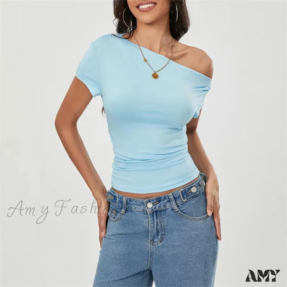 Y2k Summer Grunge Oblique Shoulder Sleeveless Ruched Streetwear Crop Top
