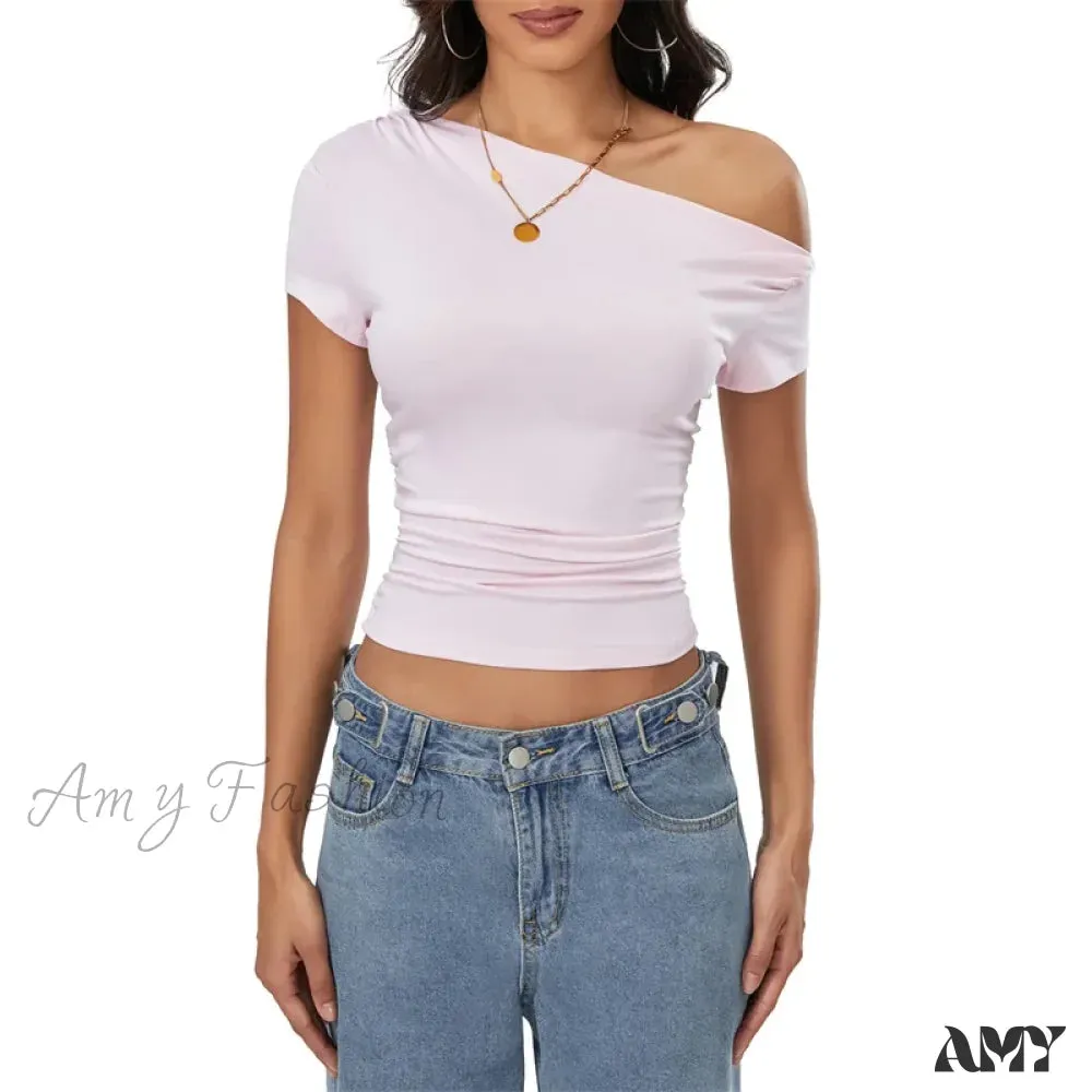 Y2k Summer Grunge Oblique Shoulder Sleeveless Ruched Streetwear Crop Top