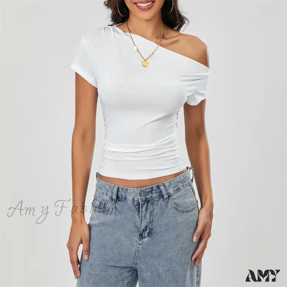 Y2k Summer Grunge Oblique Shoulder Sleeveless Ruched Streetwear Crop Top