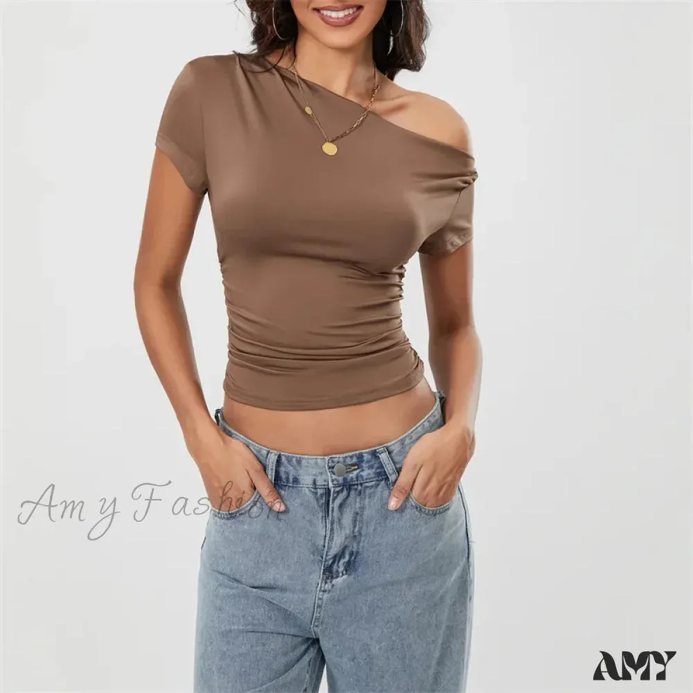 Y2k Summer Grunge Oblique Shoulder Sleeveless Ruched Streetwear Crop Top