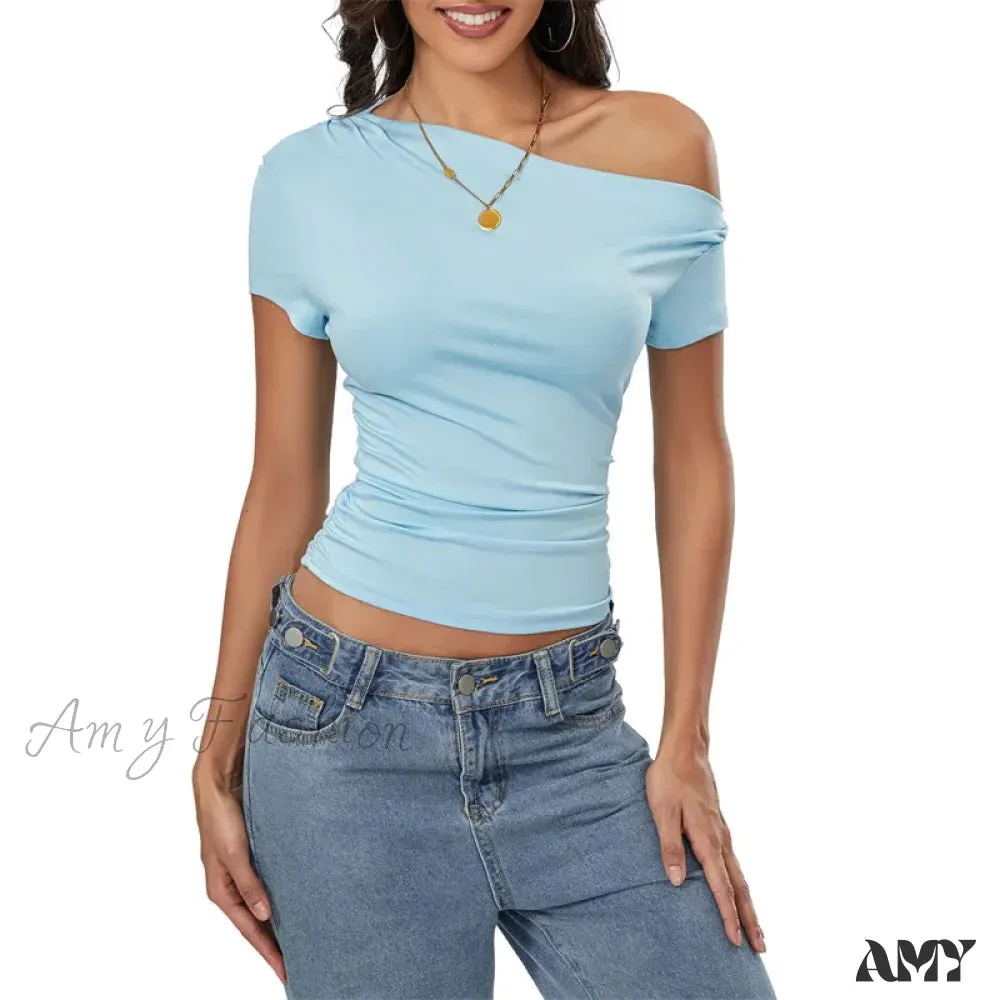 Y2k Summer Grunge Oblique Shoulder Sleeveless Ruched Streetwear Crop Top