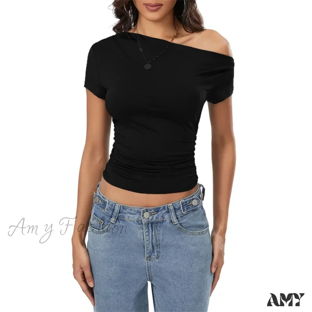 Y2k Summer Grunge Oblique Shoulder Sleeveless Ruched Streetwear Crop Top