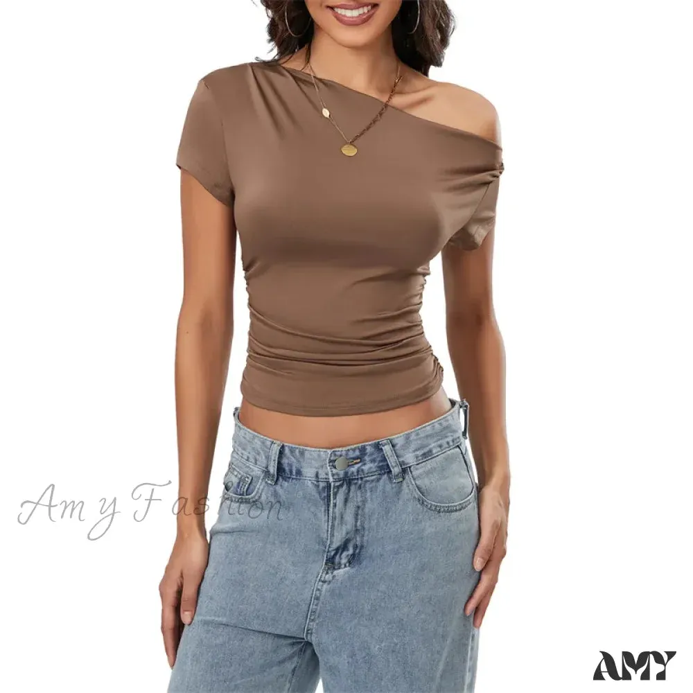 Y2k Summer Grunge Oblique Shoulder Sleeveless Ruched Streetwear Crop Top