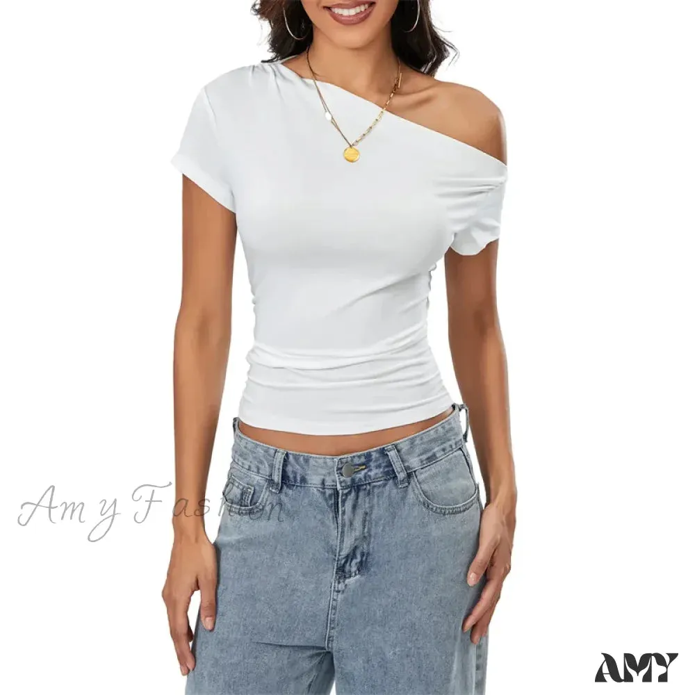 Y2k Summer Grunge Oblique Shoulder Sleeveless Ruched Streetwear Crop Top